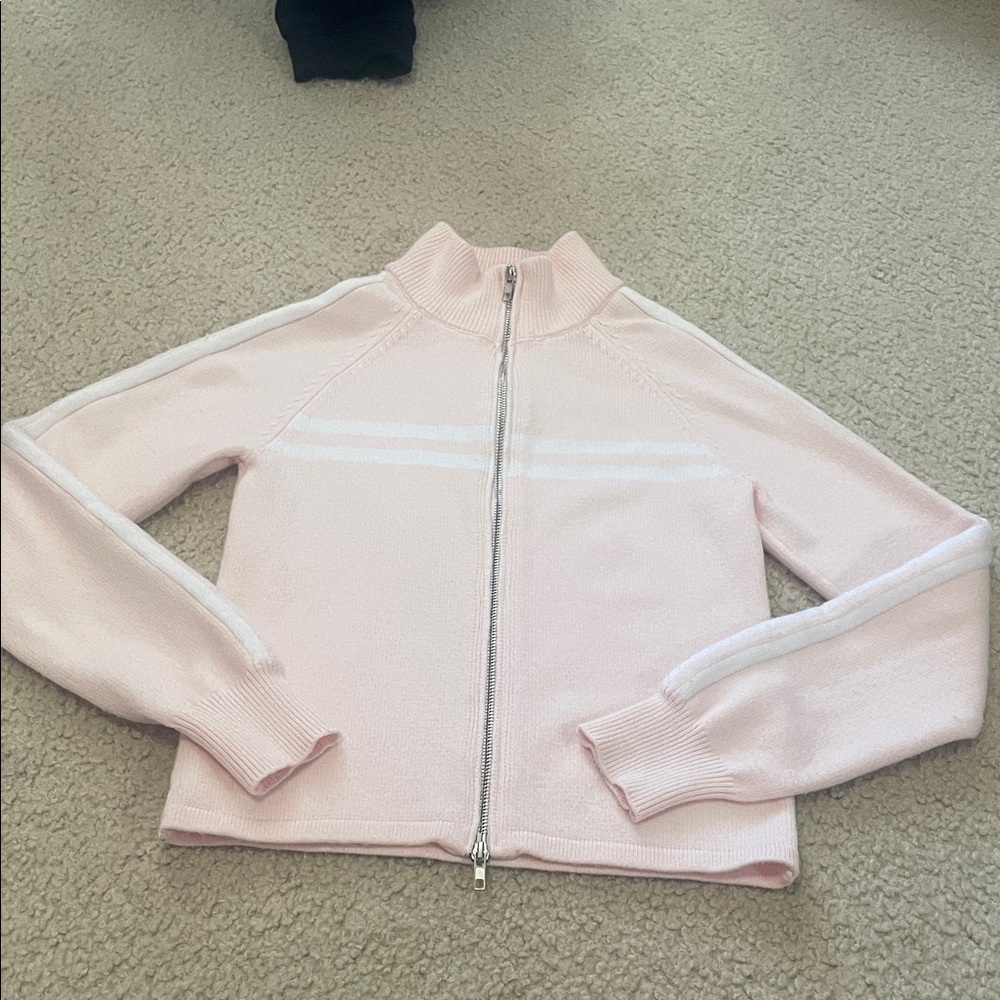 Pink Zip-Up Sweater with White Stripes Mock Collar M